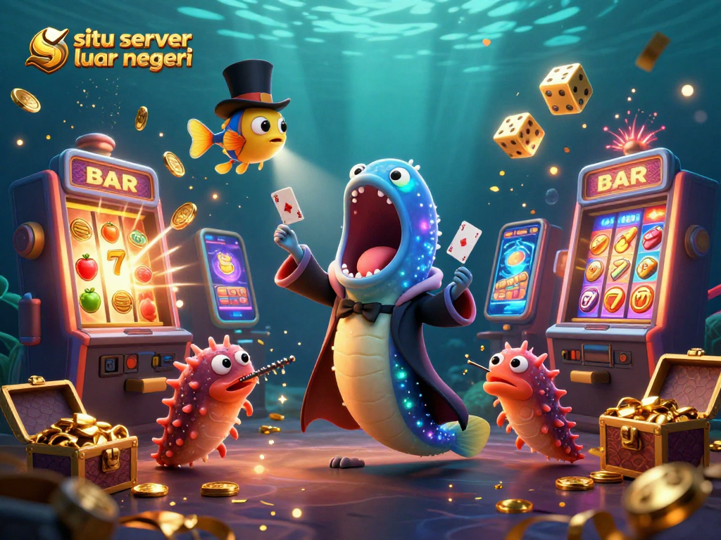 Situs server luar negeri showcases an energetic underwater casino scene with jackpot explosions and magical marine characters.