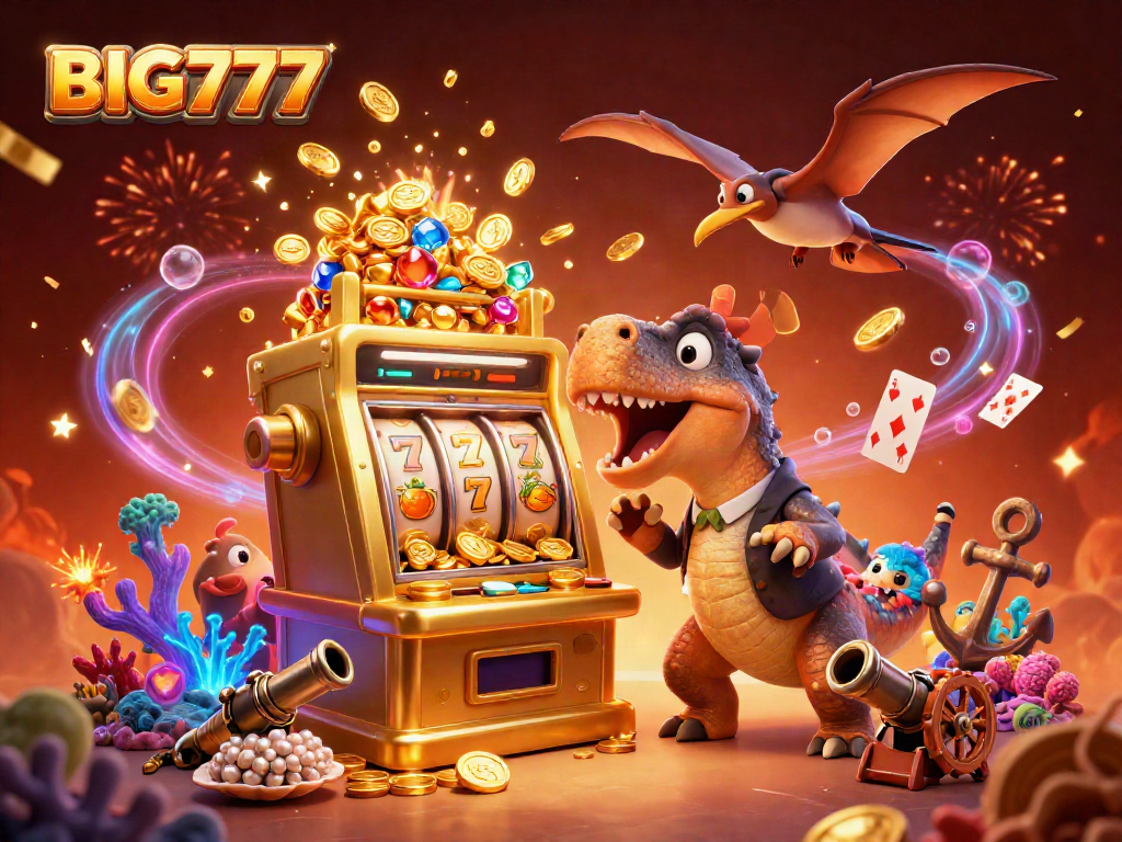 BIG777 celebrates wins with a cartoon dinosaur headbutting a slot machine, catching golden coins