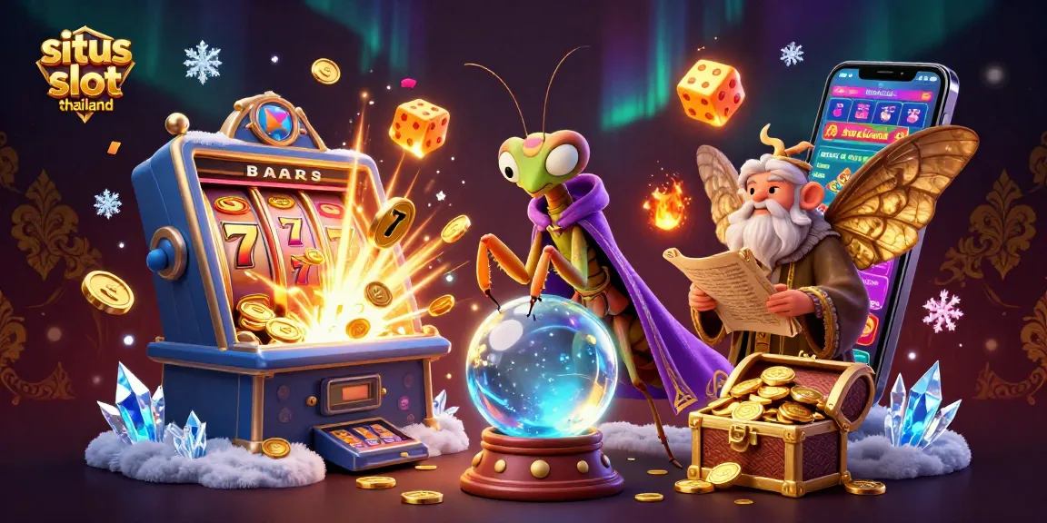 Situs slot thailand features vibrant casino elements with a mystical scene of fortune tellers and jackpots.