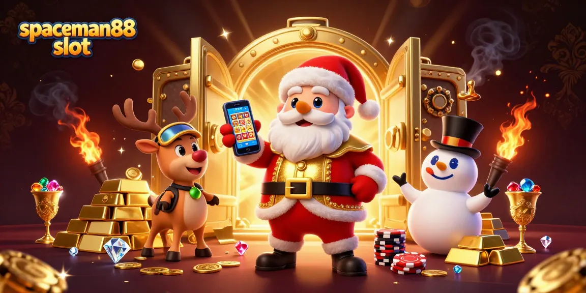 Engage with spaceman88 slot, featuring Santa and friends celebrating a jackpot in a festive casino.
