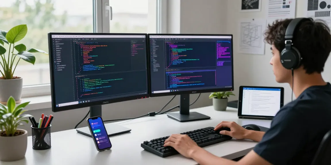 Explore the tech workspace featuring a professional coder focused on telegram中文版下载 with modern gadgets in a bright, innovative environment.