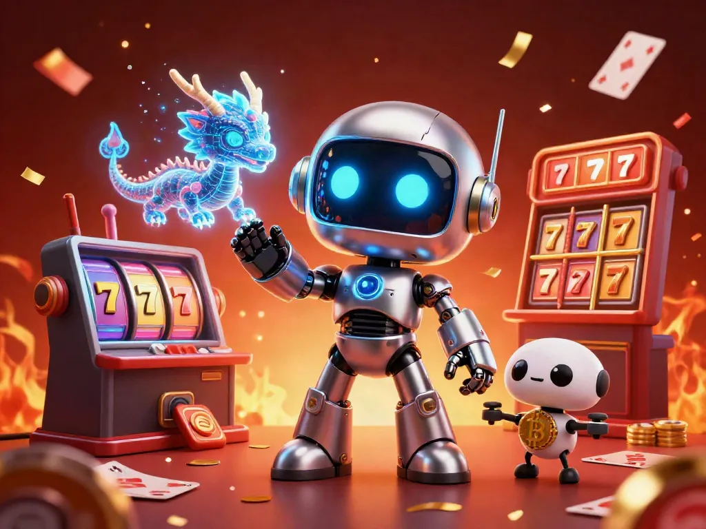 Engage with thrilling slot games as a vibrant cyberpunk robot and AI dragon celebrate in a high-energy casino scene.
