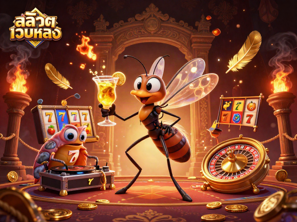 Engage with สล็อตเว็บตรง in this vibrant scene featuring a casino mascot, trilobite DJ, and golden roulette wheel.