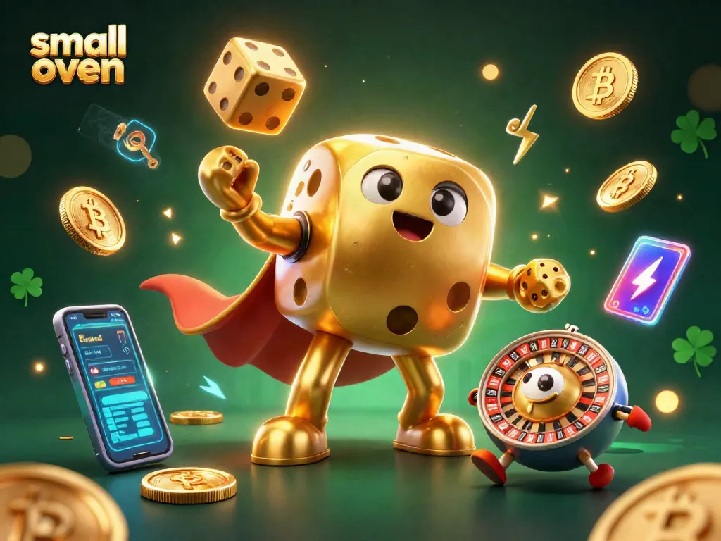 Play small oven-themed casino games with a magical golden dice golem, vibrant neon elements, and interactive elements.