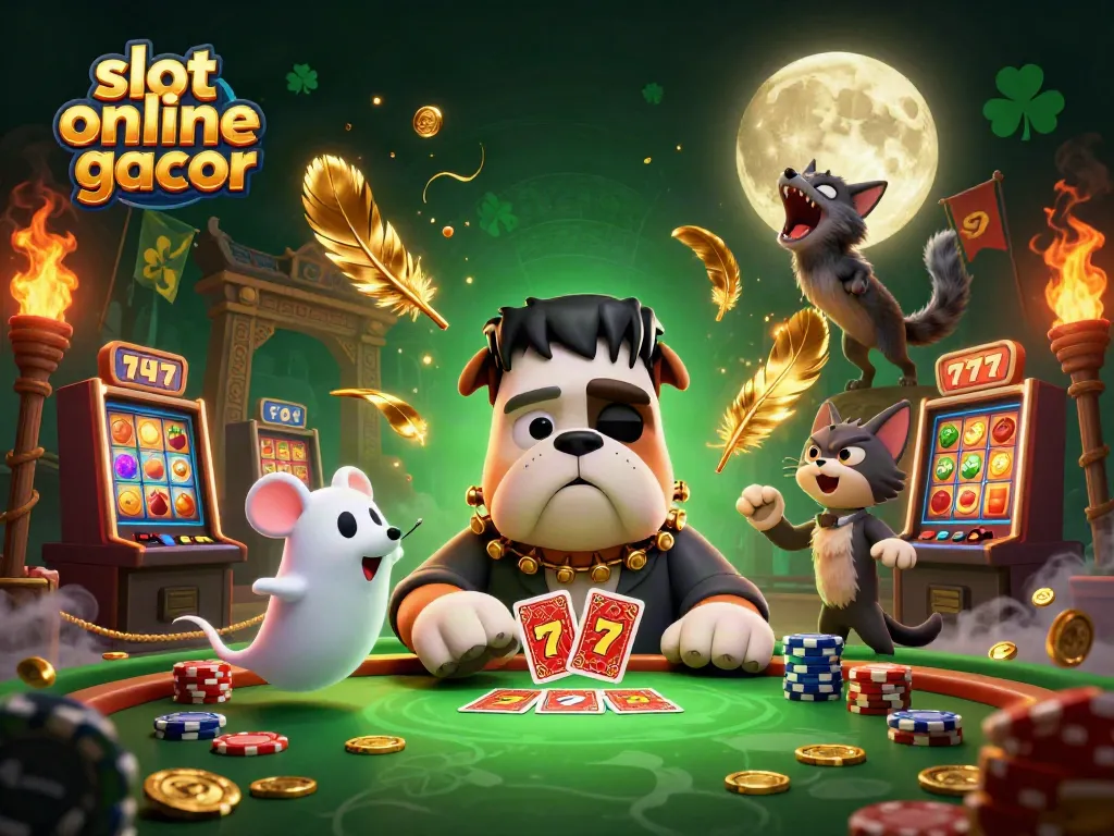 Experience excitement at the slot online gacor table with unique characters dealing cards and lucky symbols in the air.