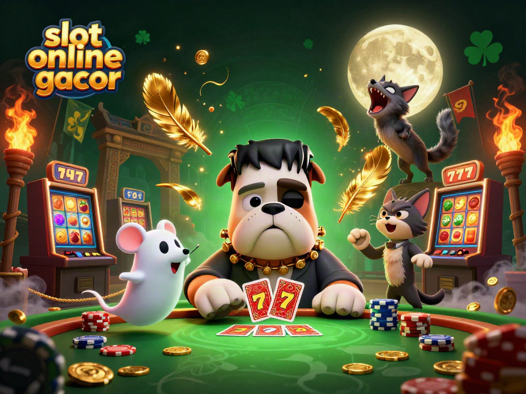 Experience excitement at the slot online gacor table with unique characters dealing cards and lucky symbols in the air.