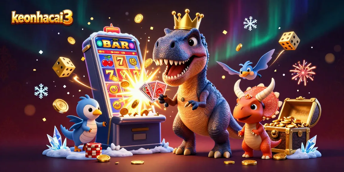 keonhacai3 showcases vibrant slot machines and animated characters in a lively casino scene.