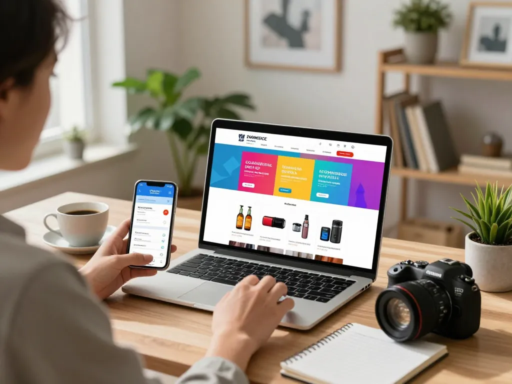 Online shopping at https://hubet88.icu/ with vibrant product display and cozy workspace.