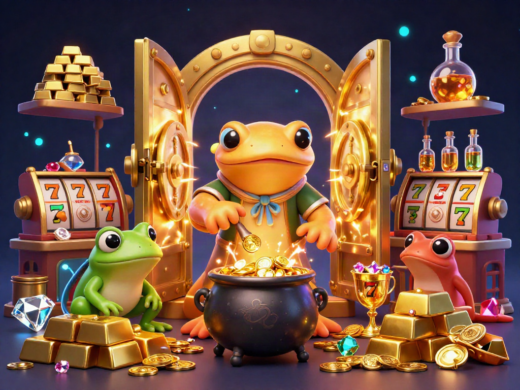 Engage in เว็บสล็อต with golden slot reels and alchemical magic in a vibrant casino scene.