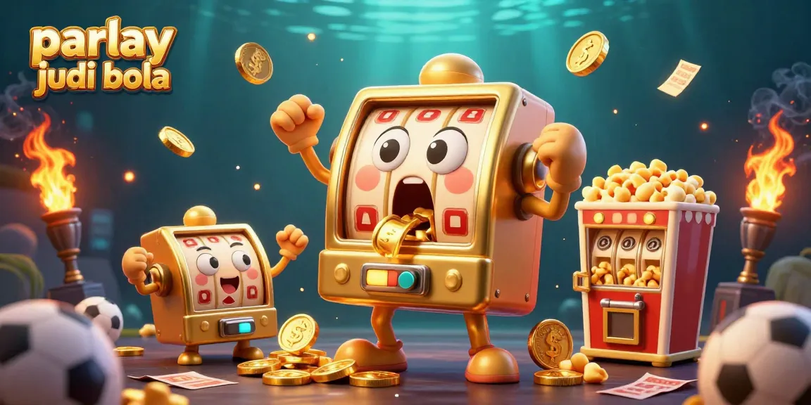 Experience parlay judi bola with a vibrant sports betting scene featuring a jackpot-winning slot machine and cheering characters.