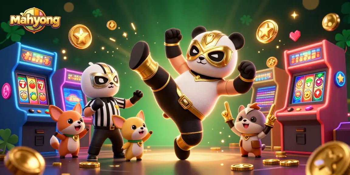 Join the mahyong gaming action with a thrilling kick from a wrestler panda amidst a vibrant casino scene.