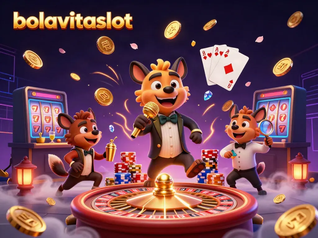 Experience the thrill of bolavitaslot with a lively casino scene featuring animated hyenas enjoying a comedy night.
