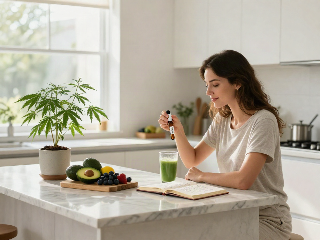 Natural morning wellness routine with CBD oil from an online dispensary that ships to all states, featuring healthy ingredients and a serene kitchen setting.