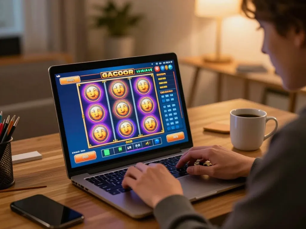 Player enjoying slot gacor gameplay on laptop, focused and engaged in home gaming environment.