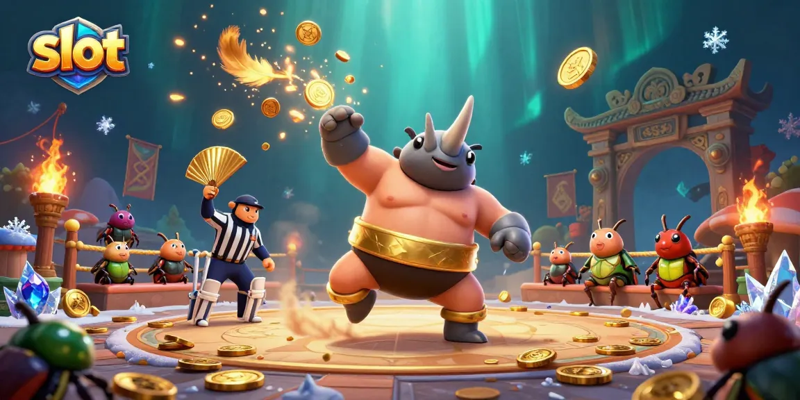 Watch a slot-inspired rhinoceros beetle sumo champion send coins flying in a vibrant casino scene.