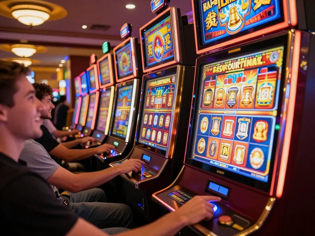 Players engaging with vibrant slot machines, capturing the thrill of slot gaming in a lively casino.