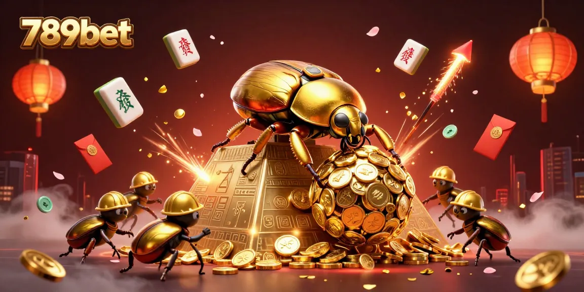 Experience excitement with 789bet, featuring golden beetles amidst casino symbols and vibrant decorations.