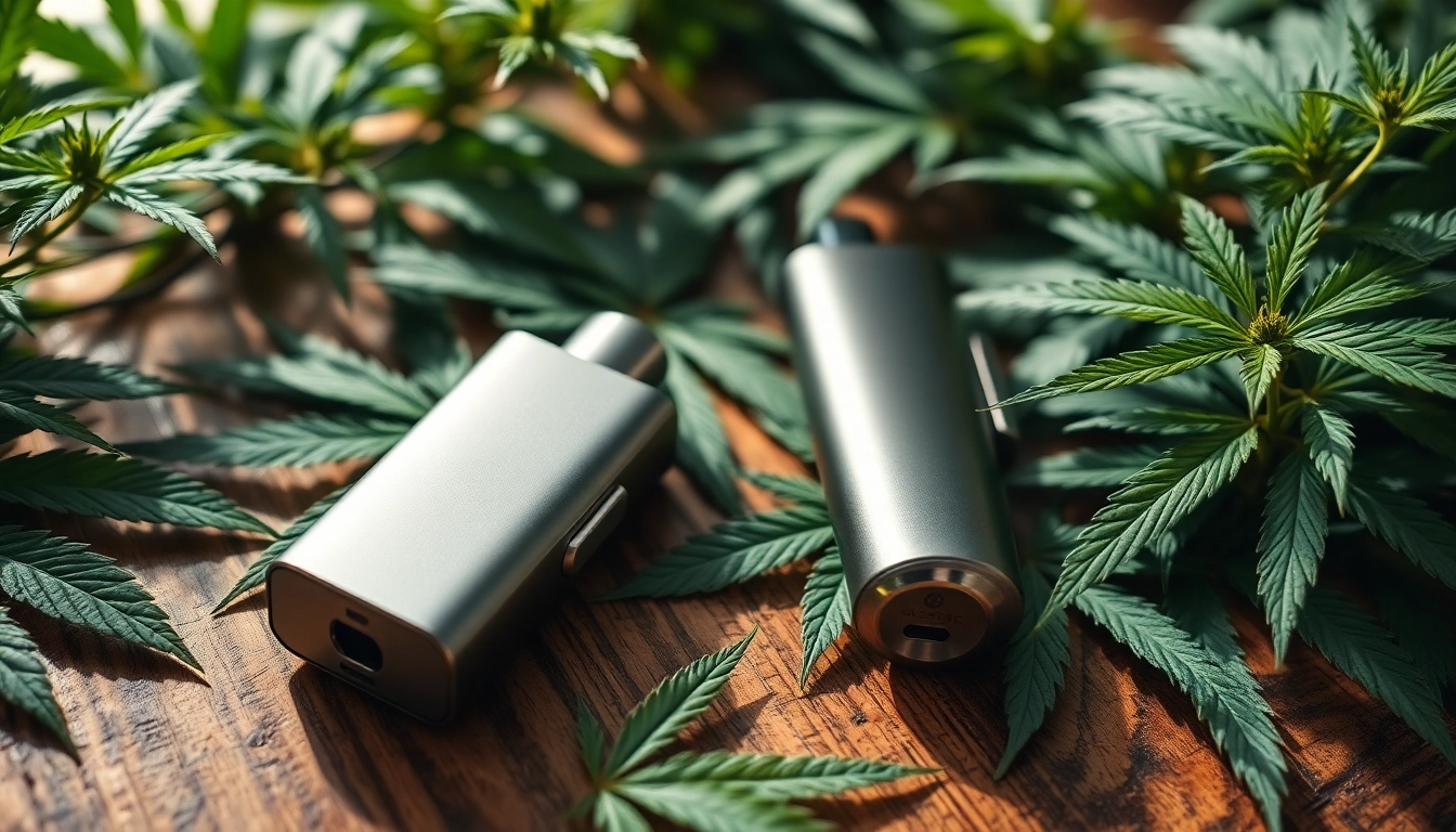Engaging display of a Cannabis Vape setup with sleek design and fresh cannabis leaves.