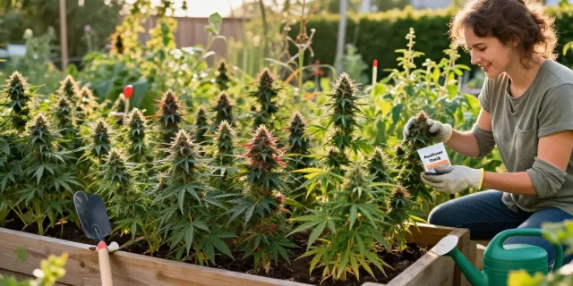 Autoflower Samen kaufen in a lush outdoor cannabis garden with vibrant plants and a gardener inspecting them.