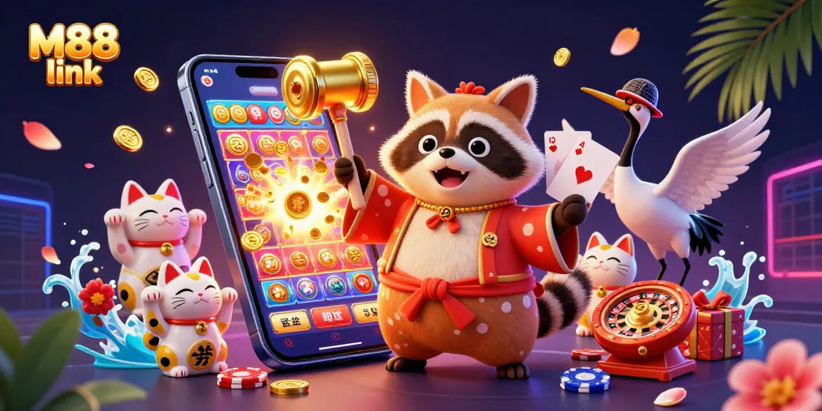 M88 link showcases a vibrant 3D casino illustration featuring a lucky tanuki, samurai crane, and waving fortune cats among dynamic gaming elements.