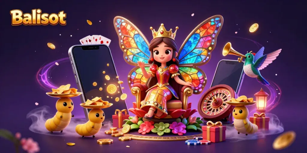 Balislot's vibrant illustration showcasing a whimsical butterfly queen in a rich casino setting filled with slots and chips.