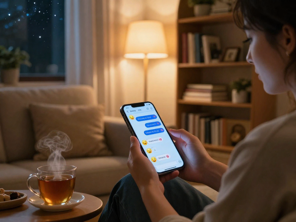 Engaging in sex AI chat on smartphone in cozy living room.
