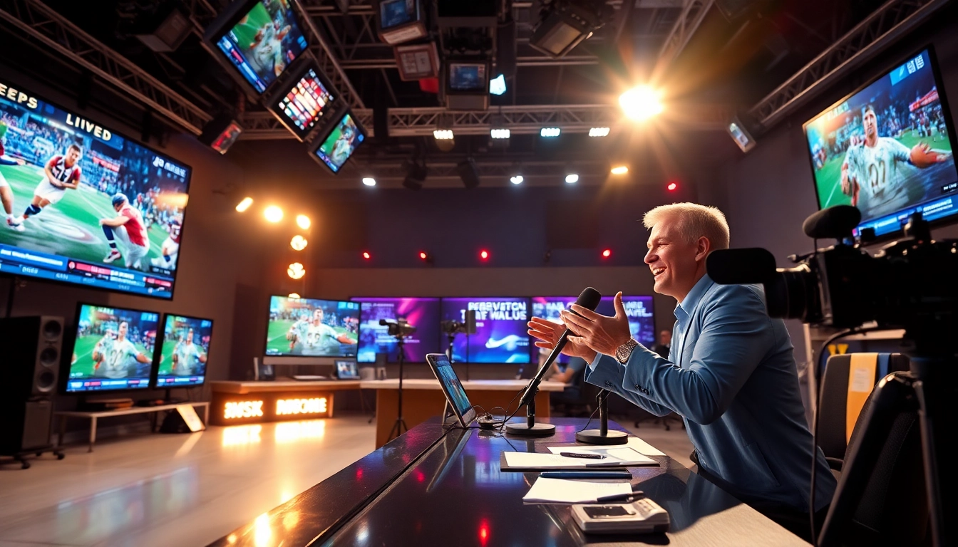 Engaging sports broadcasting scene with a host presenting highlights and advanced technology.