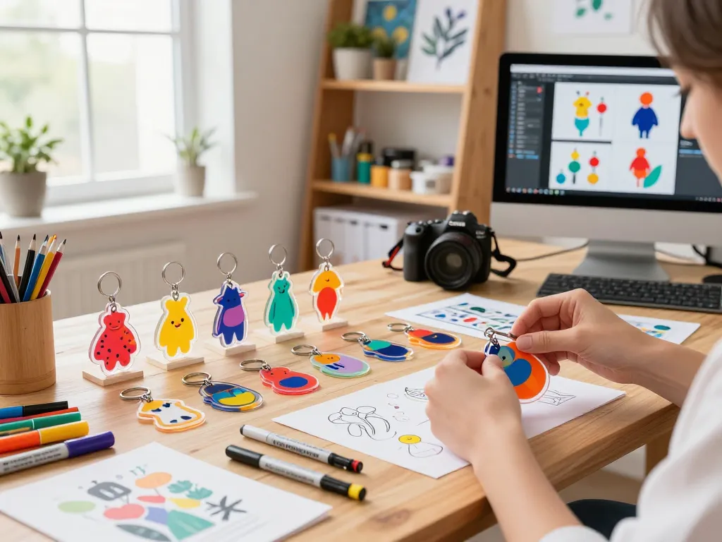 Colorful acrylic keychain custom assembly in a bright artist workspace, showcasing vibrant designs and crafting tools.