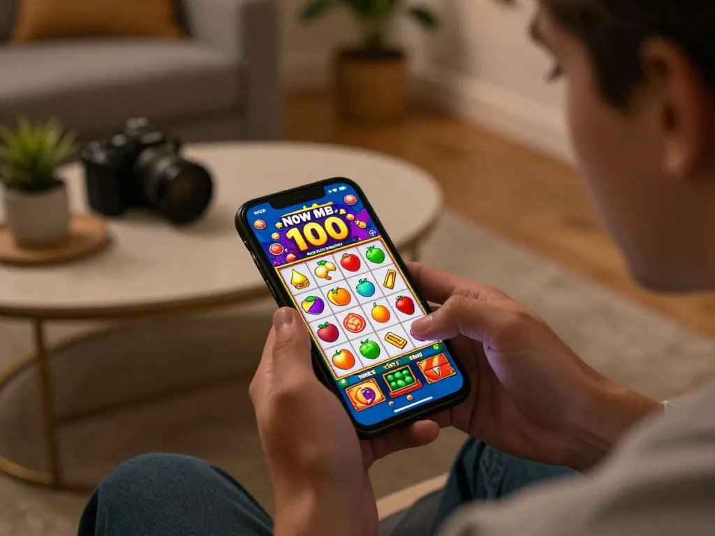 Engaging smartphone play showcasing slot bonus new member 100 promotion during relaxed home gaming session.