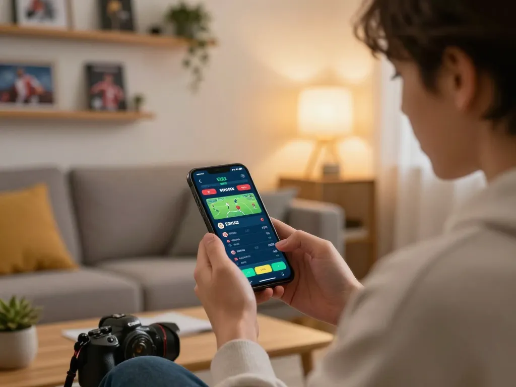 Betting on sports with confidence at Nhà Cái RR88 using a smartphone app in a cozy home setting