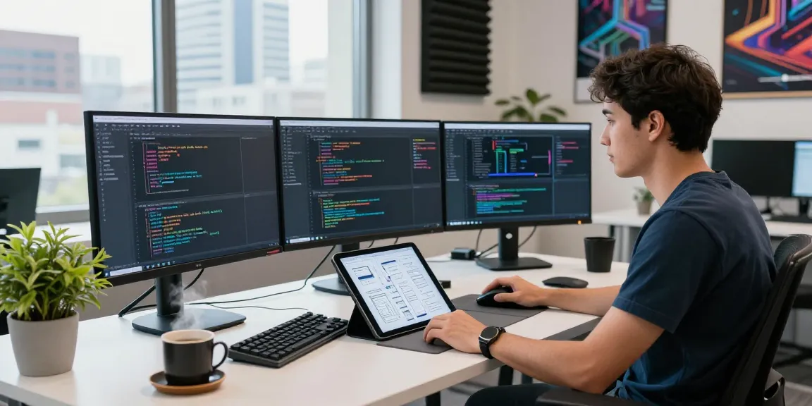 Engineer coding on multiple monitors in a modern workspace, showcasing cika4d digital platform development.