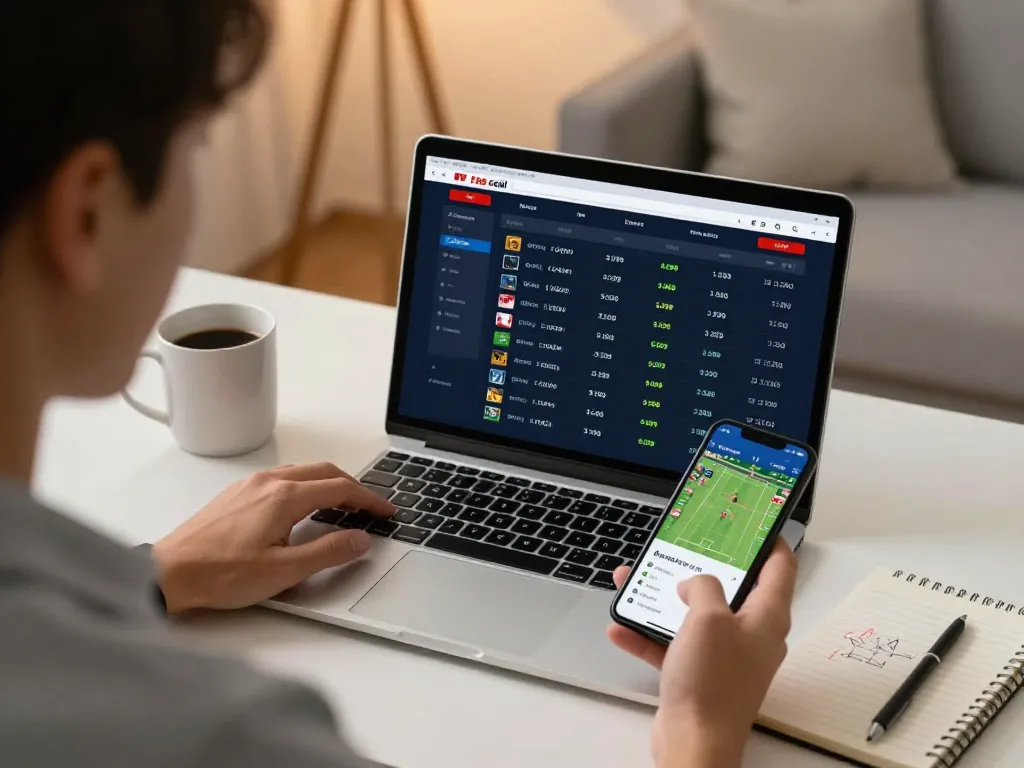 Person engaging with keo nha cai odds on a laptop, analyzing sports betting options at home.