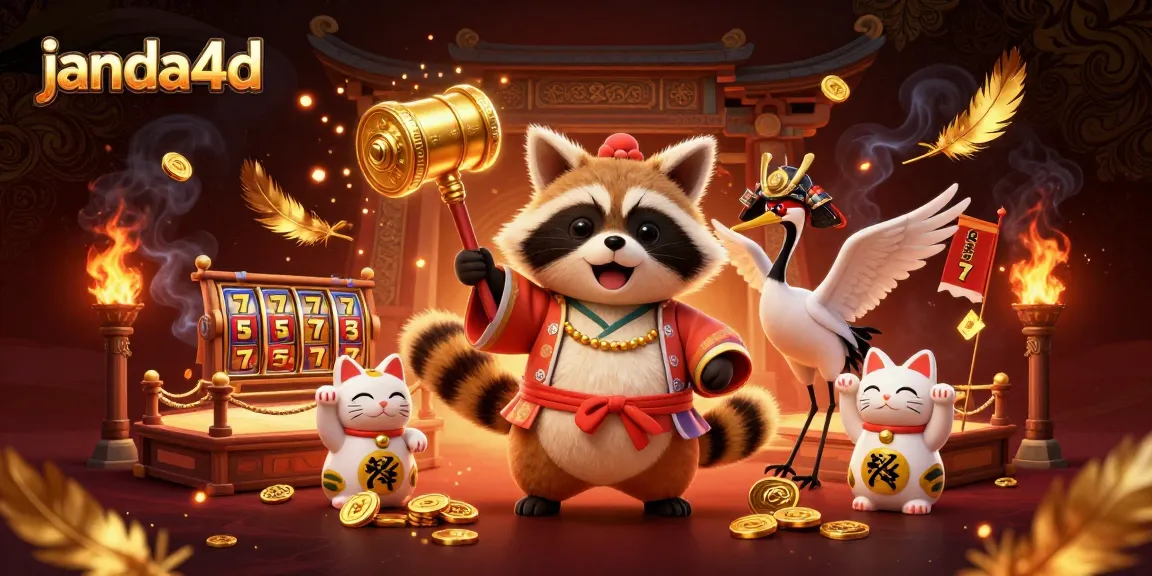 Janda4d menampilkan tanuki dan katak keberuntungan dalam aksi permainan slot yang seru.