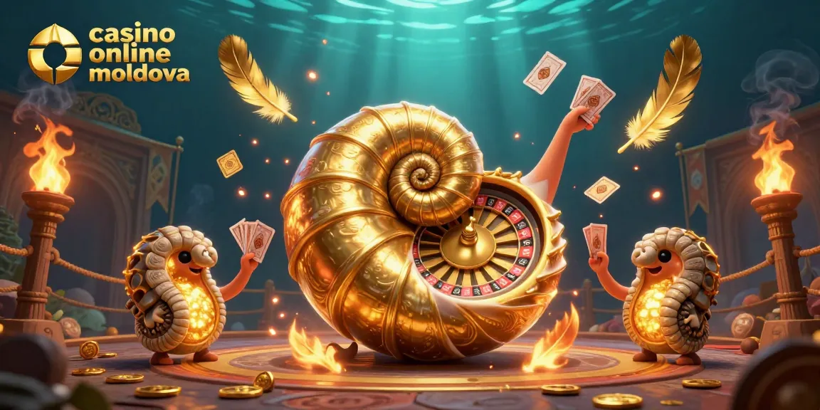 Jucați la casino online Moldova cu o ilustrație 3D vibrantă și atrăgătoare prezentând o nautilus uriaș și elemente de joc captivante.