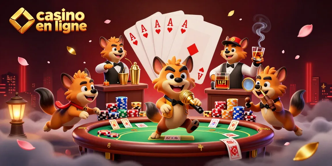 Visualisez une scène captivante de casino en ligne avec des hyènes animées qui s'amusent et interagissent autour d'une table de poker.