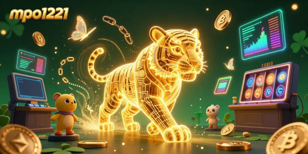 Experience the excitement of mpo1221 with a vibrant golden tiger in a digital casino.