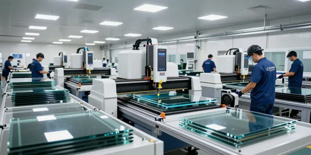 Glass machine suppliers showcasing advanced manufacturing technology and teamwork in a modern facility
