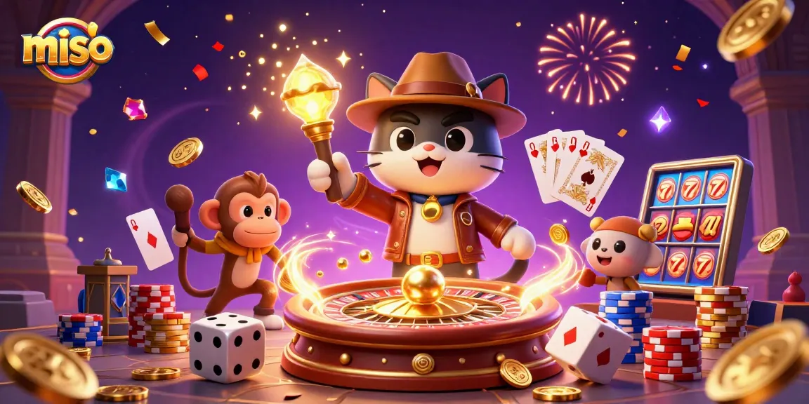 Miso-inspired cat explorer winning at a casino, showcasing dynamic gold coins and vibrant gameplay elements.