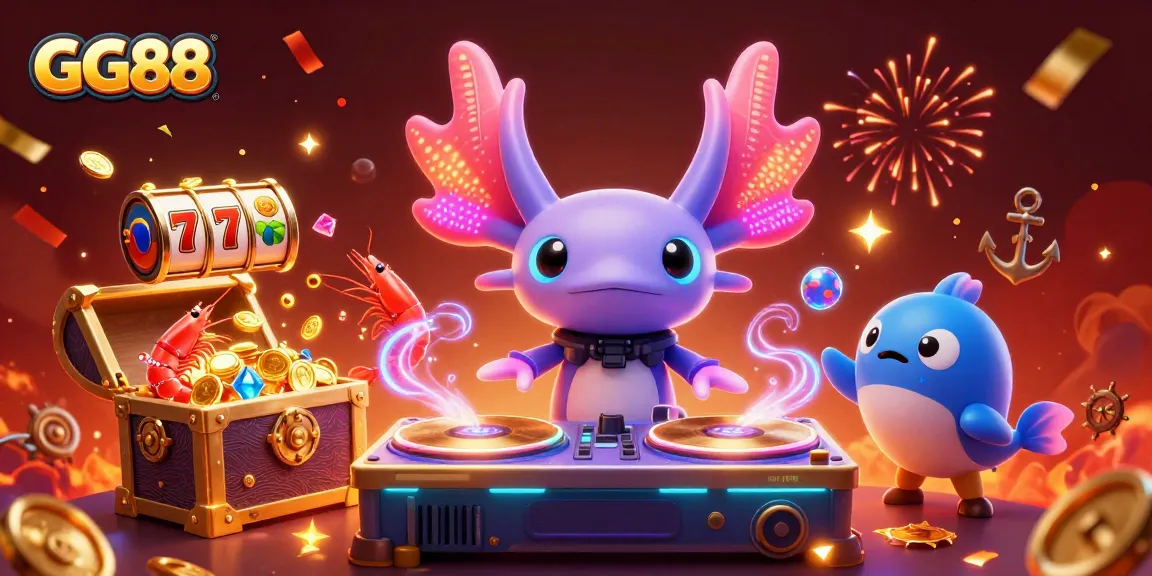 Experience exciting gameplay at GG88 with a vibrant neon-colored axolotl DJ and underwater treasures.