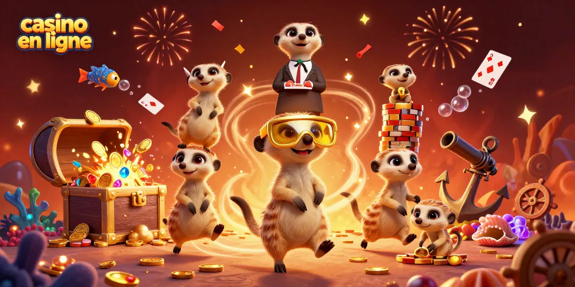 Jouer à des jeux de casino en ligne avec une illustration dynamique de suricates, célébrant avec des pièces et des cartes