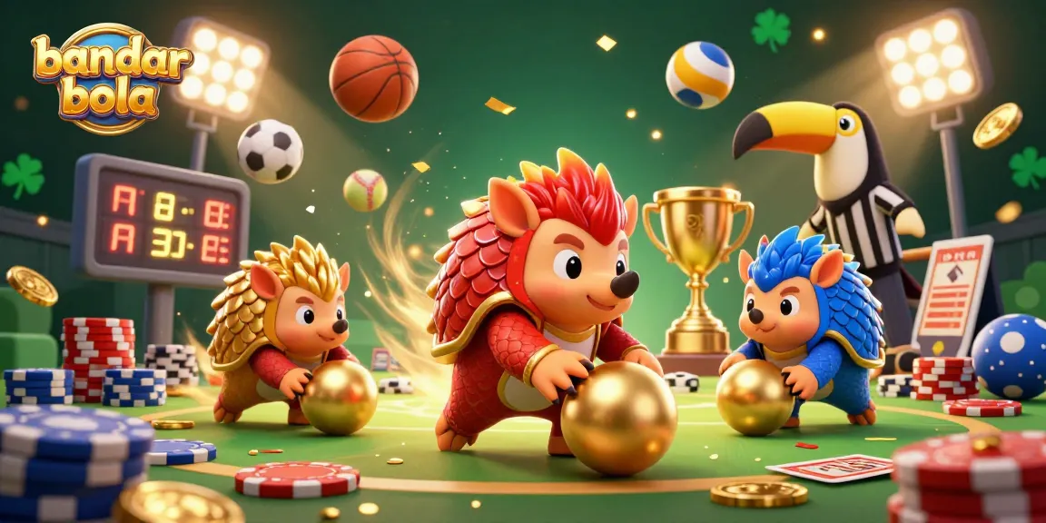 Engage in bandar bola with dynamic pangolins bowling golden balls amidst a vibrant casino scene.