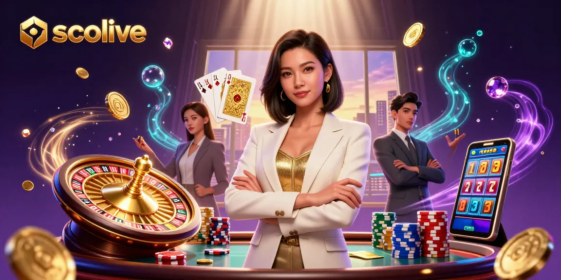 Socolive showcases a glamorous Asian woman holding cards, surrounded by dynamic gambling elements.