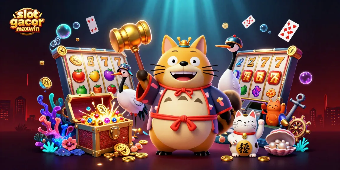 Gambar slot gacor maxwin dengan tanuki ceria dan simbol kasino lainnya yang menarik.