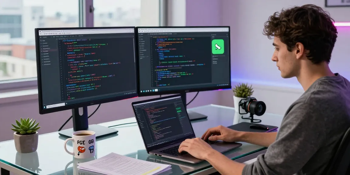 Developer coding GB WhatsApp APK features in a modern workspace, showcasing advanced coding tools and vibrant office decor.