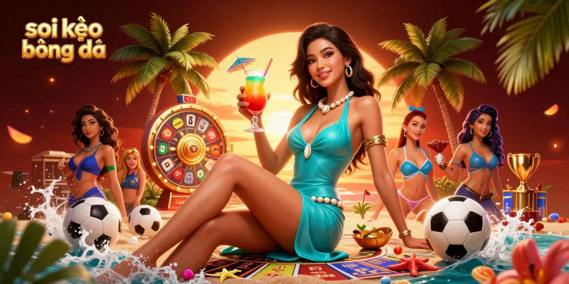 Soi kèo bóng đá with glamorous Asian woman in a tropical casino setting, handling sports betting elements.