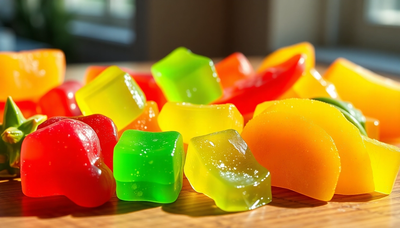 Enjoy a colorful assortment of Weed Gummies with fruit accents on a wooden surface.