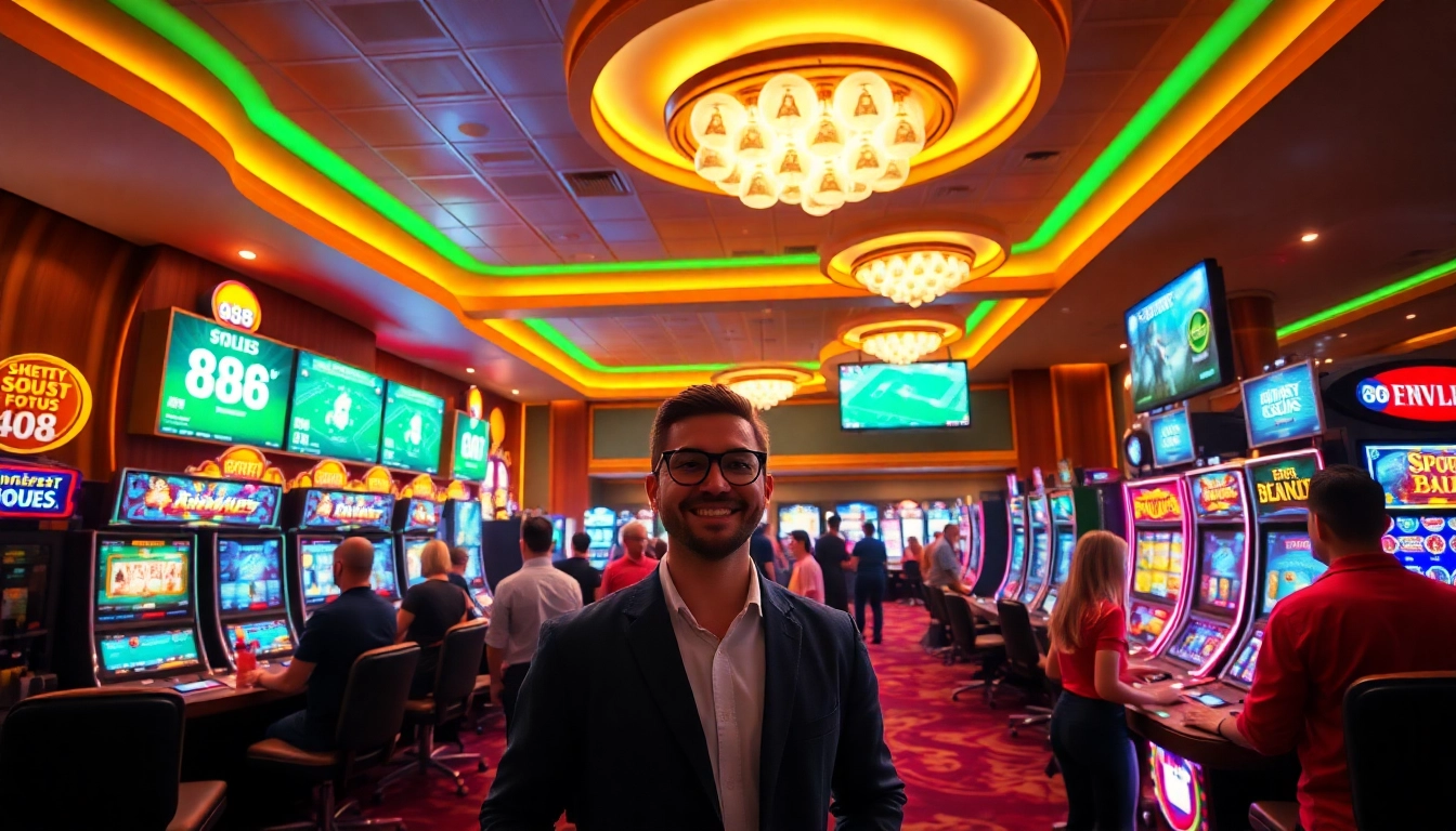 Dynamic scene of 888 new casino gaming experience, showcasing players, games, and vibrant atmosphere.