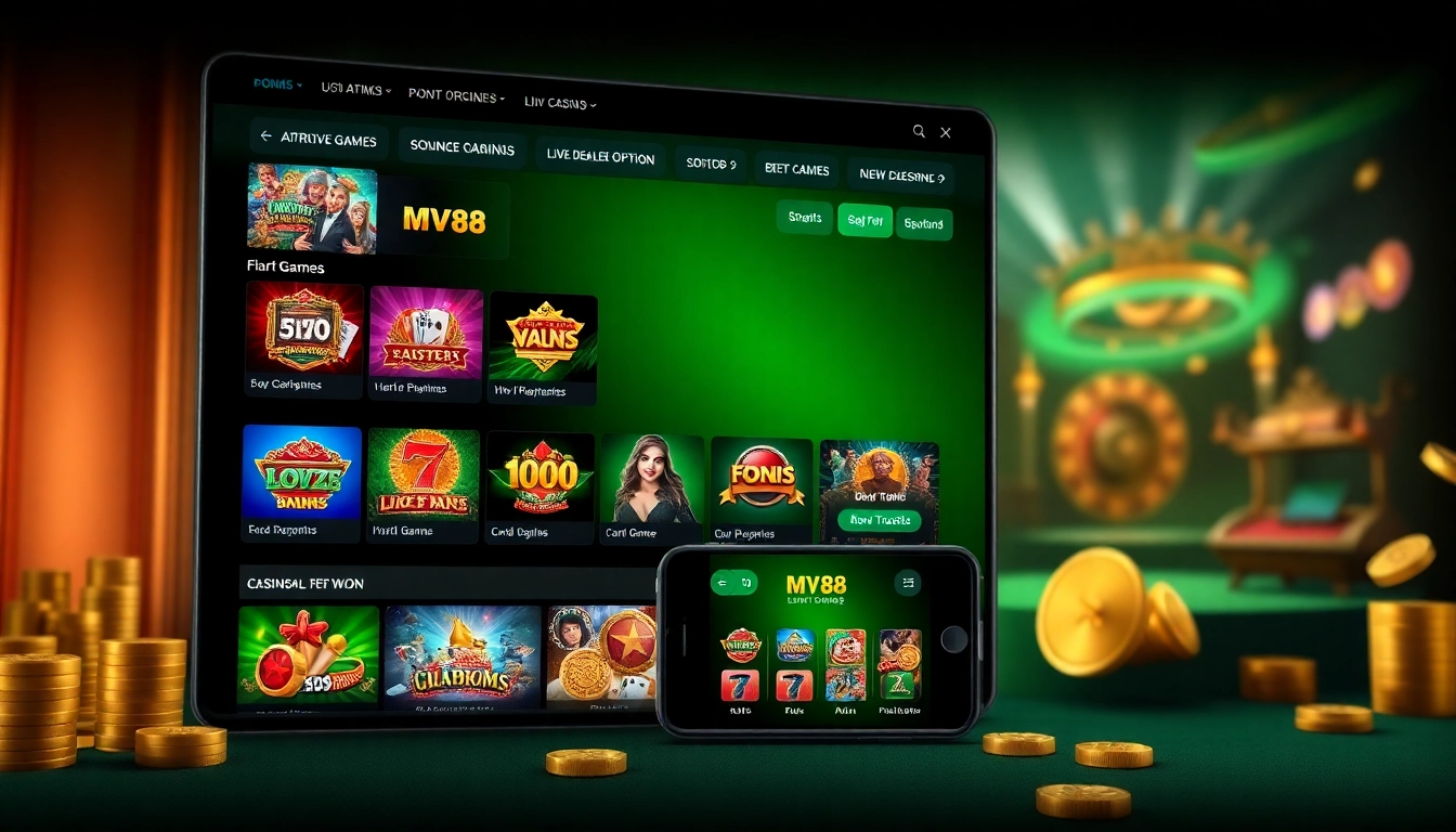 Vibrant interface for MV88 game showcasing slots and live dealer options.