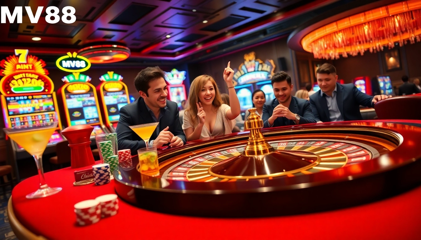 Engaged players enjoying the MV88 game in a vibrant, luxurious casino setting.