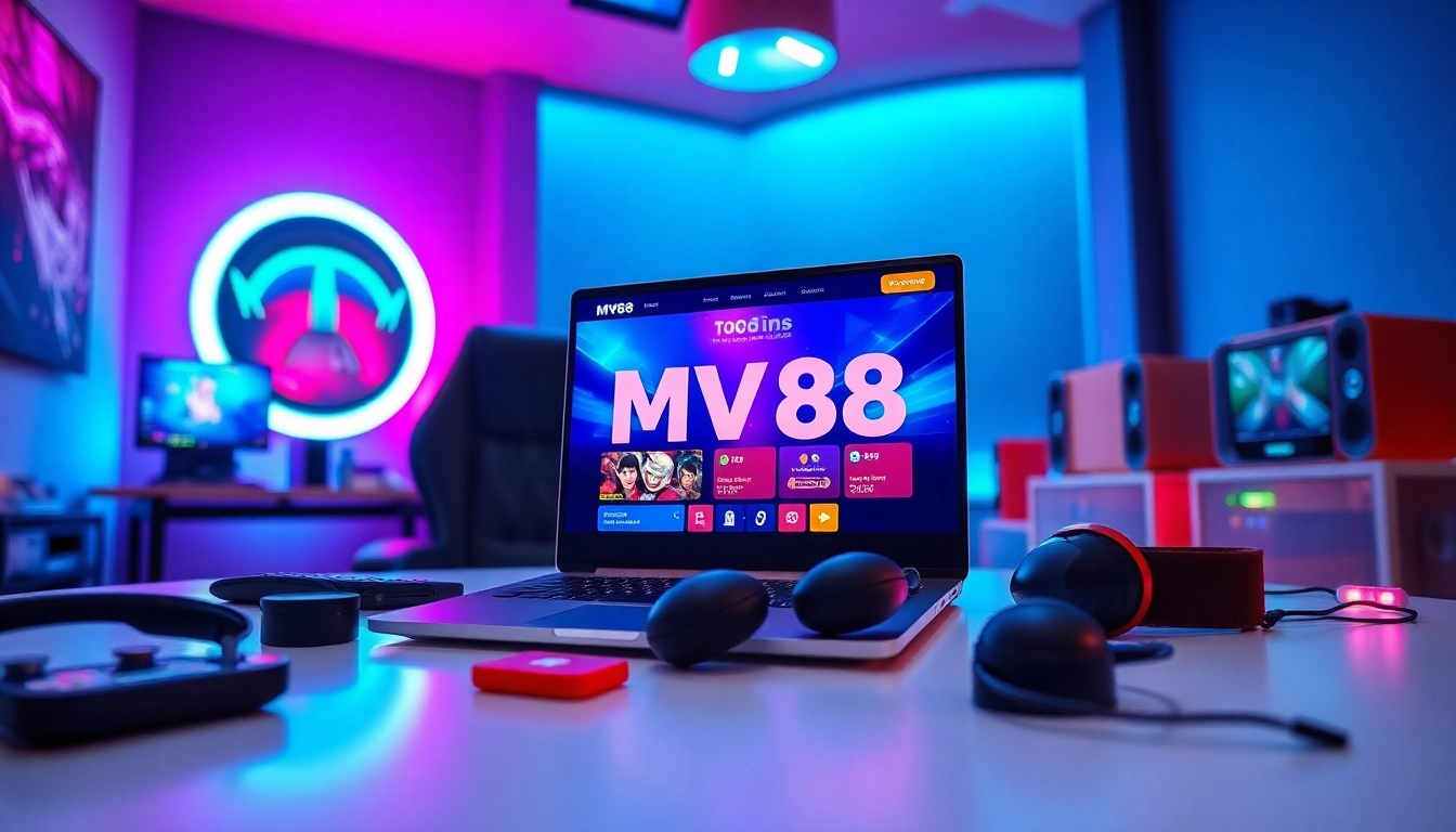Engaging scene of MV88 game on a laptop in a vibrant gaming room, showcasing excitement and professionalism.